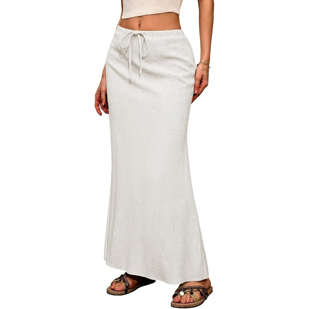 Women's White Linen Back Slit Elastic Drawstring Flowy Ankle-Length Maxi Skirt